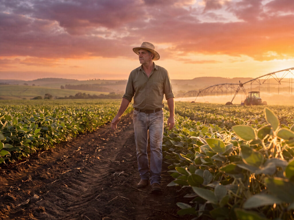 Produtor rural caminhando em lavoura de soja ao pôr do sol