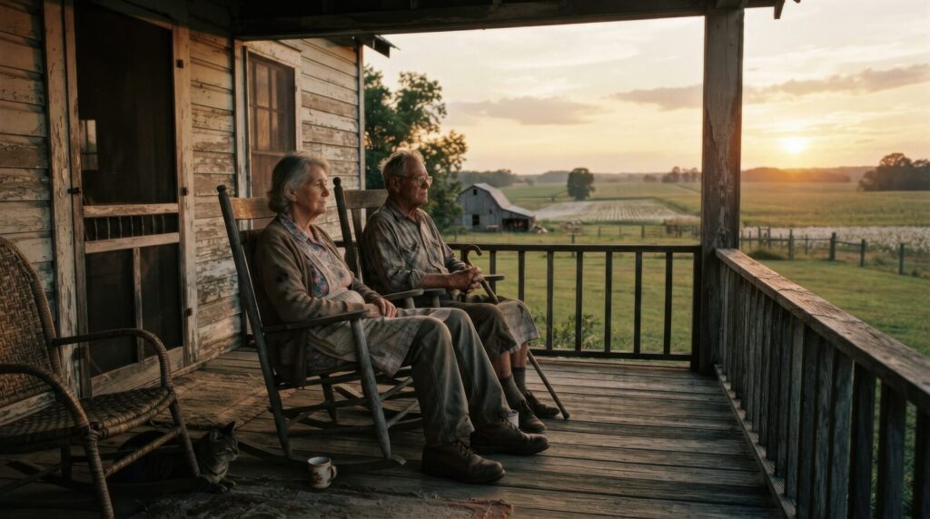 Casal de idosos descansando na varanda de uma casa rural ao entardecer