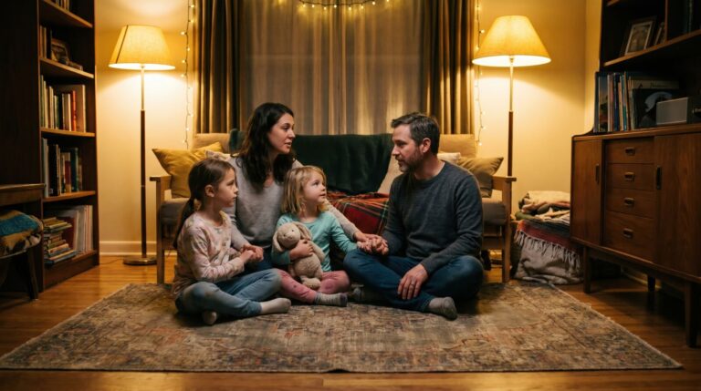 Família reunida conversando na sala de casa