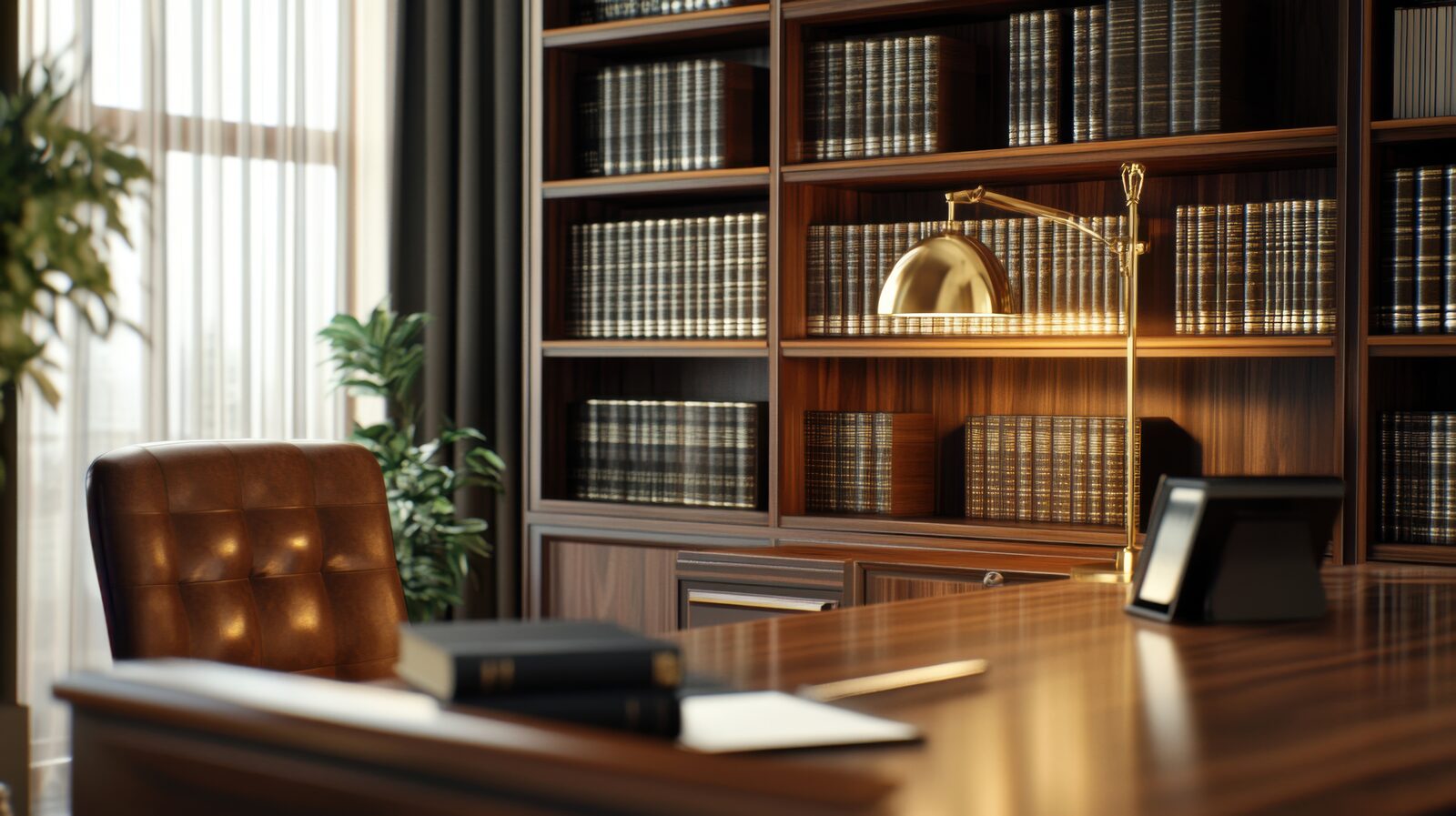 Sala de atendimento elegante com estante de livros, poltrona de couro e mesa de madeira